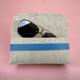 Чохол футляр для окулярів зі шкіряним ремінцем 16,5*7,5 см бежевий з блакитним case-beige-2015